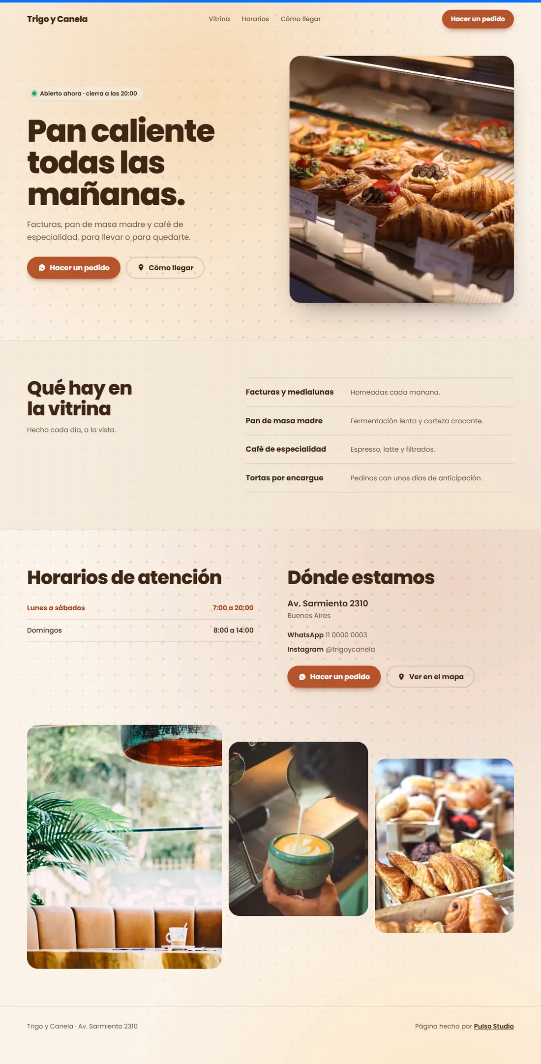 Página de ejemplo de una panadería y café