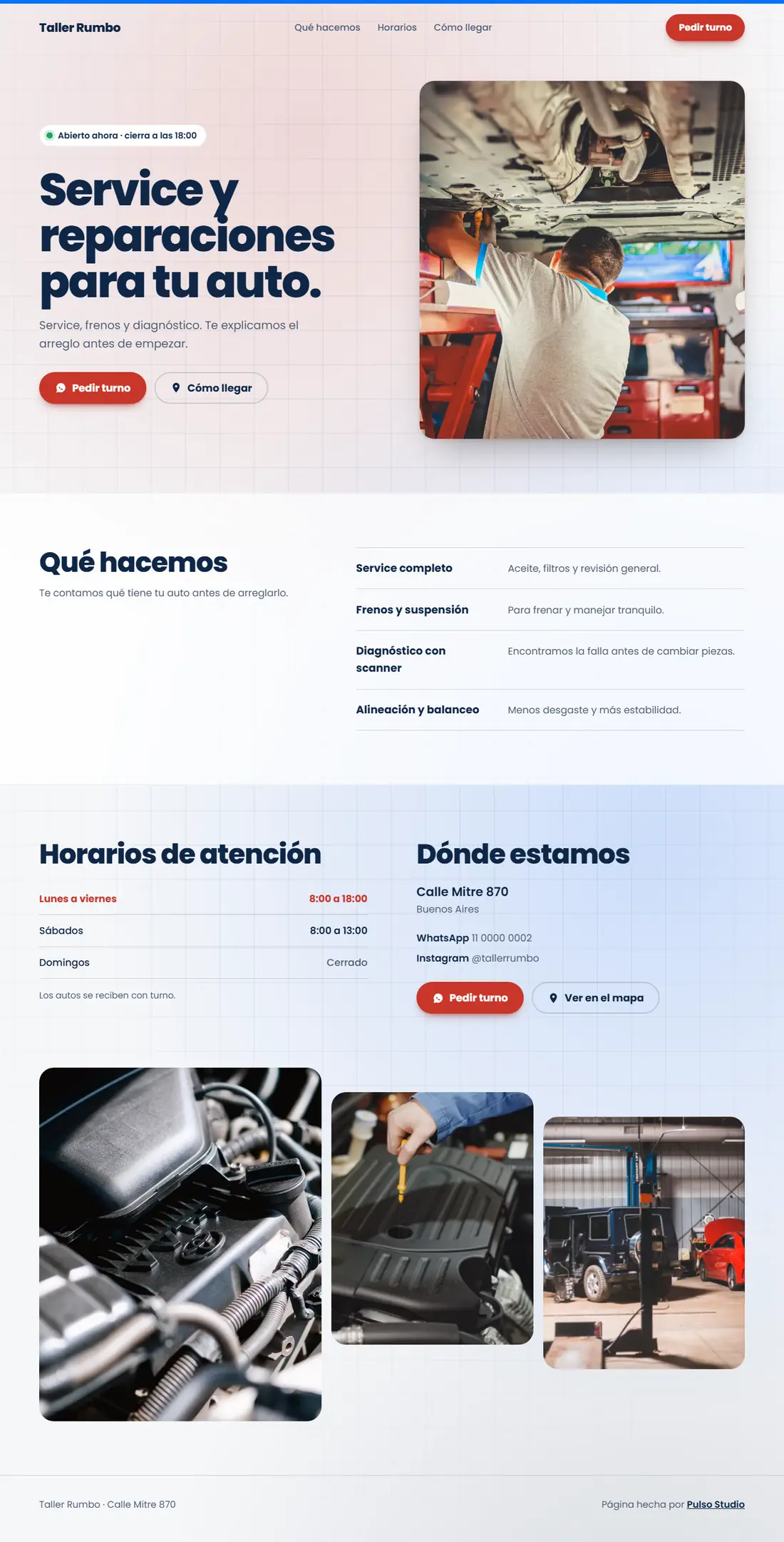 Página de ejemplo de un taller mecánico